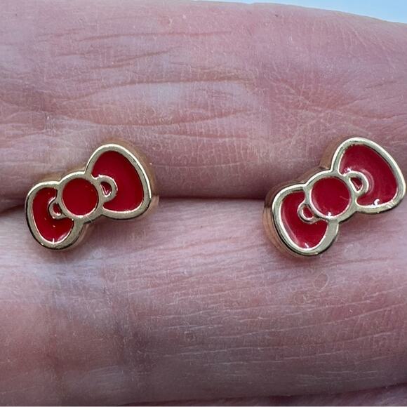 Hello Kitty Sanrio Jewelry Set Red Bow Stud Earrings Green Charm Bracelet Pink - Picture 11 of 15